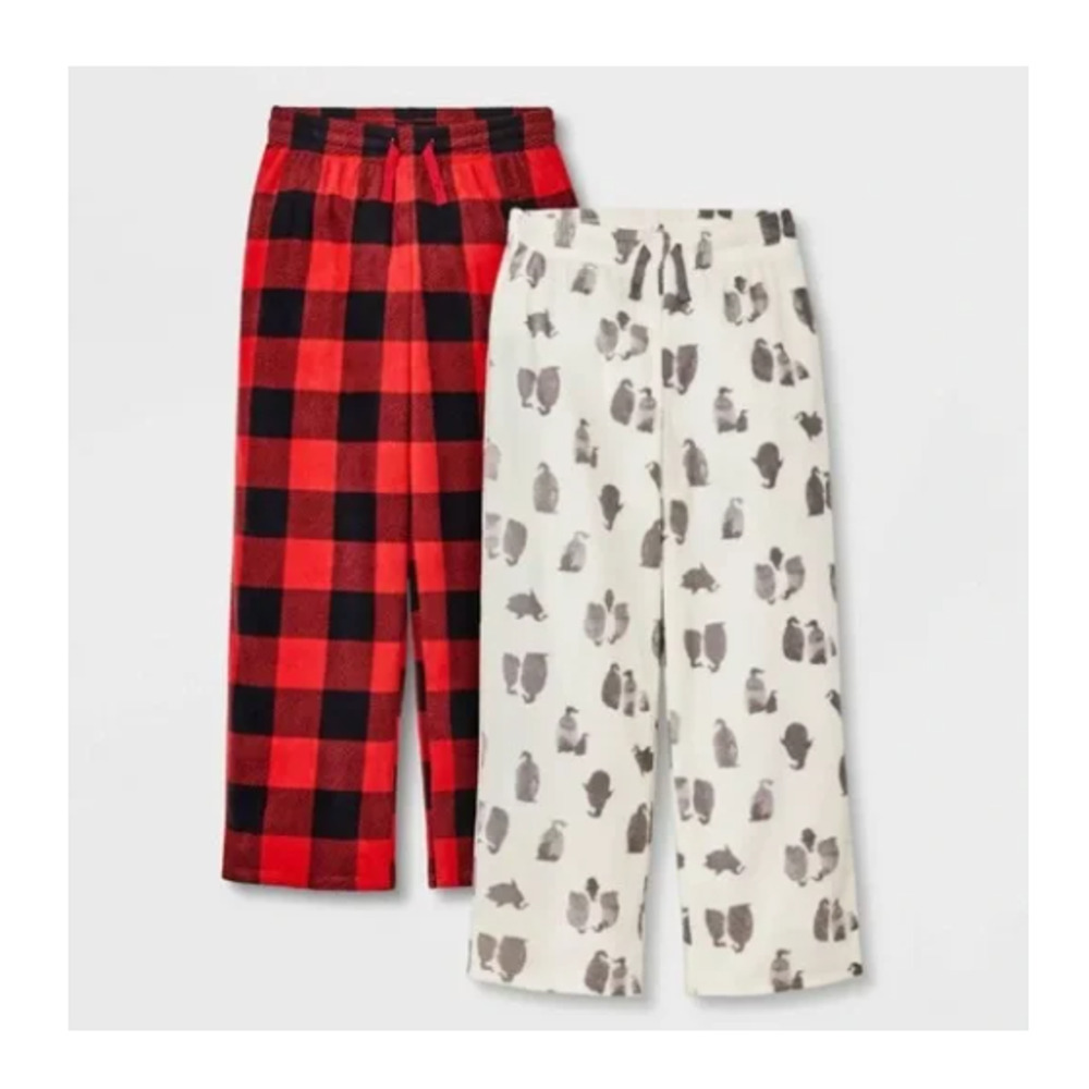 Cat‎ & Jack Pajama Pants Kids XS 4/5 Red Plaid Penguin Fleece 2 Pack Sleepwear